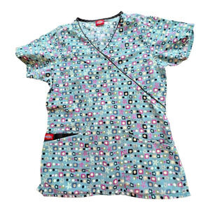 Dickies V Neck Cotton Scrub Top Pockets Womens XS Mulicolor Dots Flowers Nursing